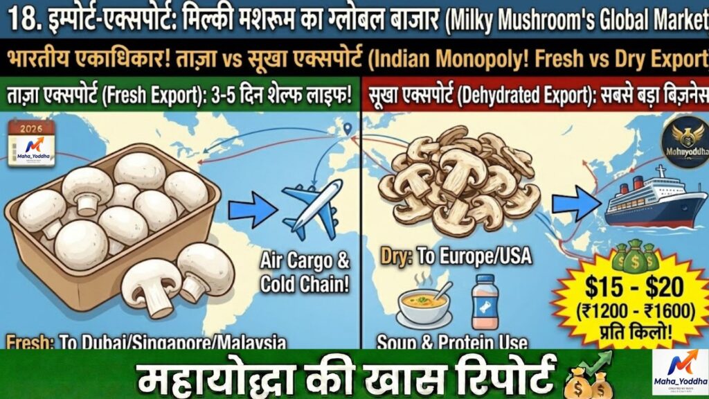 मिल्की मशरूम की खेती (Milky Mushroom Farming): 40°C गर्मी में ‘सफेद सोना’ उगाने का वैज्ञानिक तरीका | 10×10 कमरे से शुरुआत