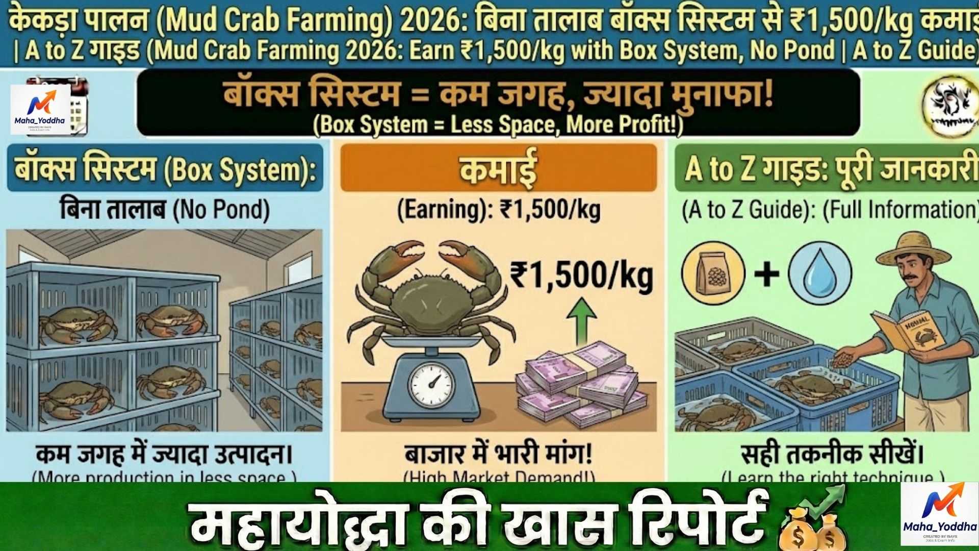 केकड़ा पालन (Mud Crab Farming) 2026: बिना तालाब बॉक्स सिस्टम से ₹1,500/kg कमाई | A to Z गाइड