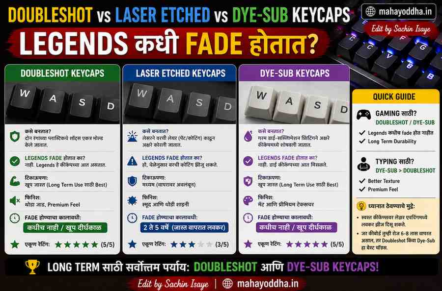 Doubleshot vs Laser Etched vs Dye-Sub Keycaps: Legends कधी Fade होतात?